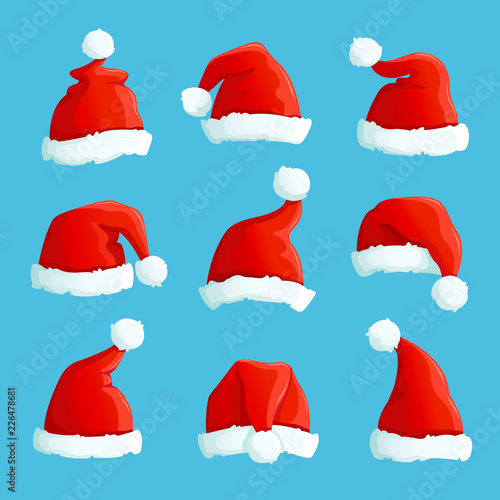 Santa hats. Cartoon christmas costume caps with fur. Santa claus hat vector set. Illustration of cap santa claus, costume holiday christmas