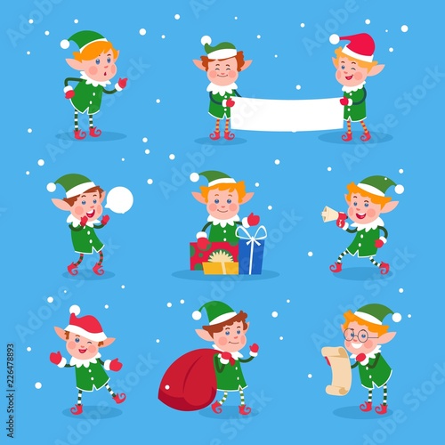 Christmas elf. Baby elves santa claus helpers. Funny winter dwarf vector characters. Illustration of funny character boy, cartoon costume gnome