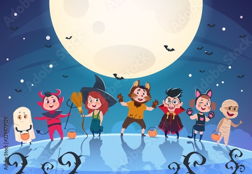 Happy halloween background. Monsters and kids in costumes. Halloween party poster or invitation vector template. Holiday monster, dracula and zombie, ghoul and ghost in moon light illustration