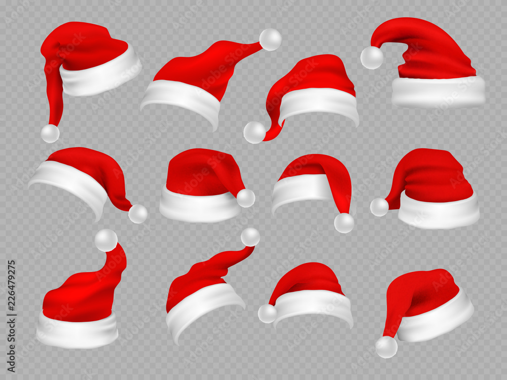 Big set of realistic Santa Hats isolated on transparent background. Vector santa claus hat colllection, holiday cap to xmas illustration Big set of realistic Santa Hats isolated on transparent background. Vector santa claus hat colllection, holiday cap to xmas illustration
