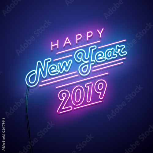 New year 2019 neon sign. Vector background. 