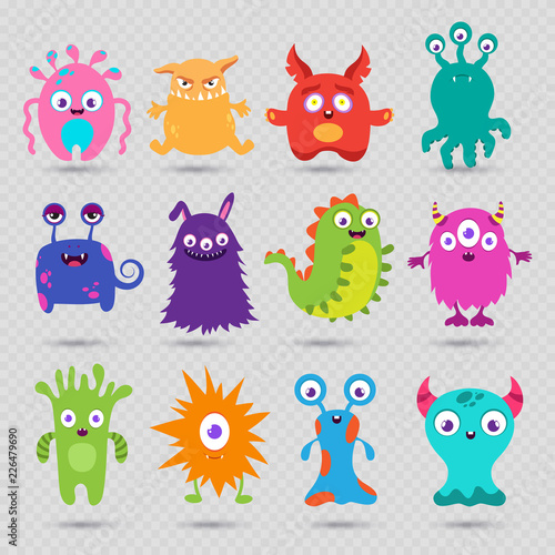 Cute cartoon baby monsters vector isolated on transparent background. Monster baby  alien or beast collection  face cyclop illustration