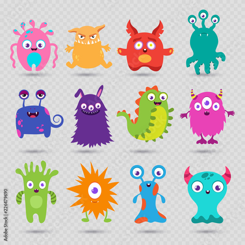 Cute cartoon baby monsters vector isolated on transparent background. Monster baby, alien or beast collection, face cyclop illustration
