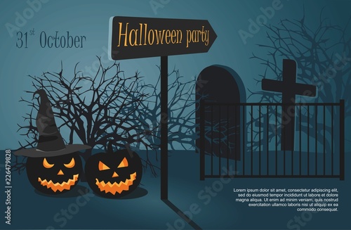 Halloween party on night cemetery. Two Scary pumpkin on cemetery background. 