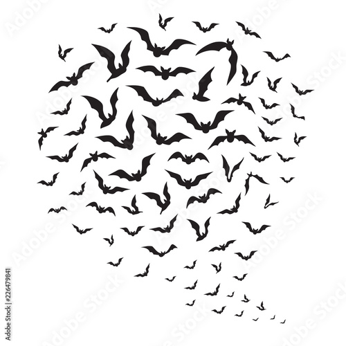Halloween flying bats. Swarm of bat silhouettes in sky. Creepy batman halloween vector decoration. Illustration of black silhouette bat, vampire halloween