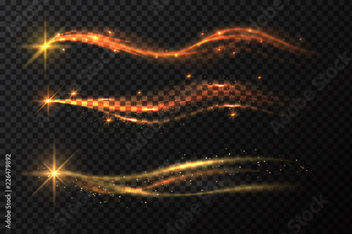 Golden star trail. Magic gold stardust with glitter effect. Meteor or firework shine lines. Vector isolated set of shiny glitter trail effect with golden spark illustration