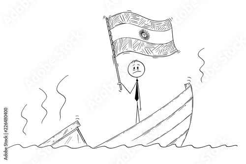Cartoon stick drawing conceptual illustration of politician standing depressed on sinking boat waving flag of Argentine Republic or Argentina.