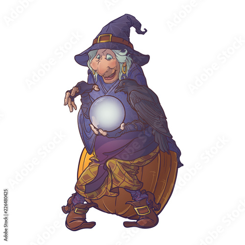 Old witch in a cone hat holding a crystal ball and foretelling the future. Funny cartoon style character. Linear drawing brightly colored and shaded. Isolated on a white background. EPS10 vector.