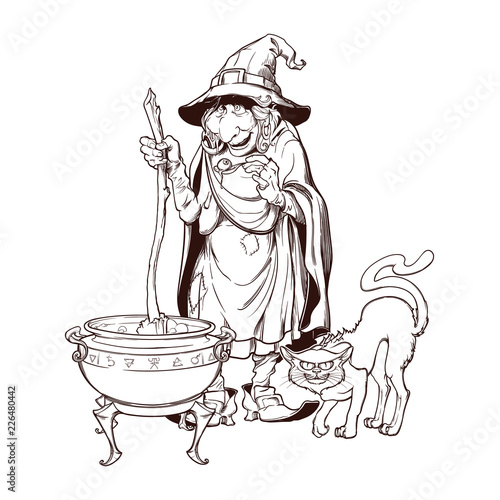 Old witch in a cone hat with her black cat brewing a magic potion in a cauldron. Halloween cartoon style character. Black and white engraving style drawing isolated on a white background. EPS10 vector