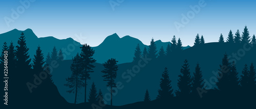 Beautiful blue vector landscape with layered forested mountains.