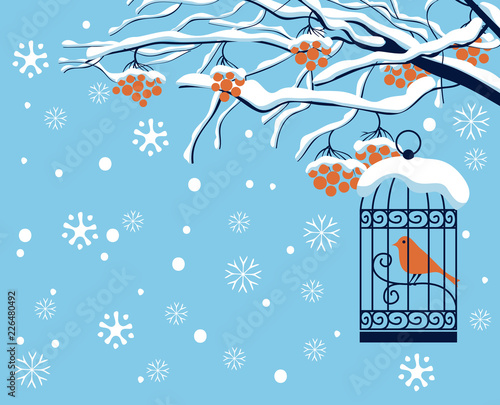 Vector winter landscape with snow-covered branches, and red clusters of Rowan tree. Red bird in a cage hung on a branch in a flat style