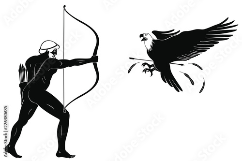 Ancient Greek warrior with a bow in his hands shoots a bird.