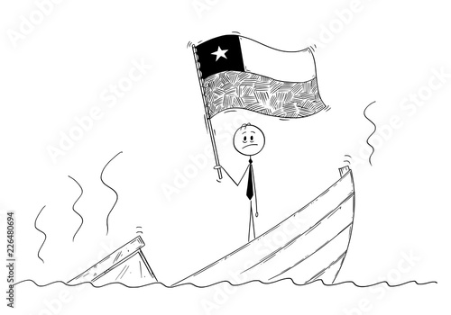 Cartoon stick drawing conceptual illustration of politician standing depressed on sinking boat waving the flag of Republic of Chile.