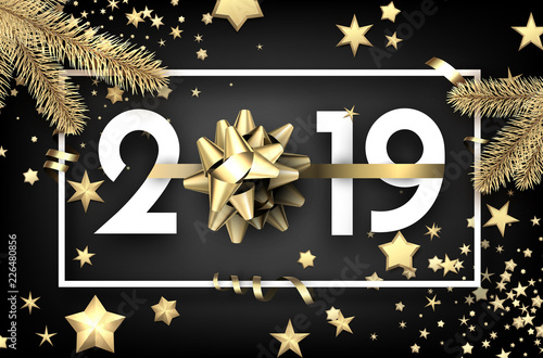 Black 2019 happy New Year card with golden bow and stars.