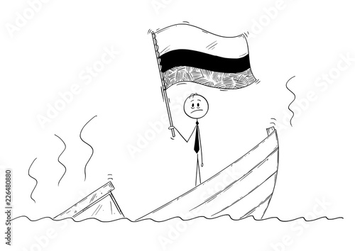 Cartoon stick drawing conceptual illustration of politician standing depressed on sinking boat waving the flag of Republic of Colombia.