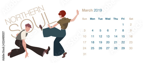 2019 Dance Calendar. March. Young couple dancing Northern Soul on white background