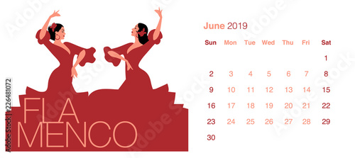2019 Dance Calendar. June. Two beautiful Spanish women wearing typical Spanish clothes dancing flamenco