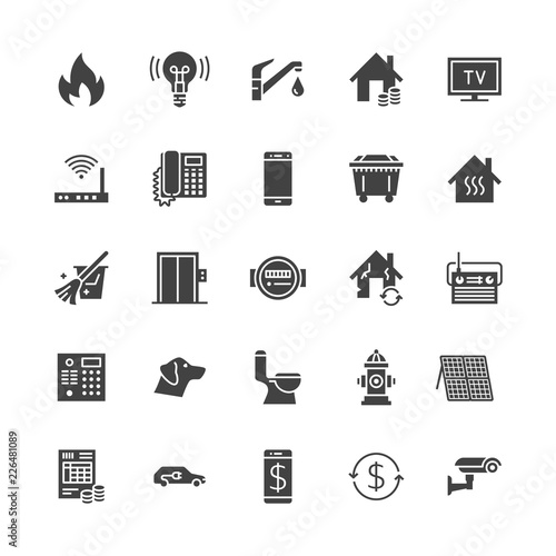 Public utilities flat glyph icons. Rent receipt, electricity water, gas, house heating, CCTV, overhaul, garbage vector illustrations. Signs for utility invoice. Solid silhouette pixel perfect 64x64.