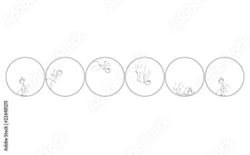 Cartoon stick drawing conceptual comic story of man trapped inside of bubble or circle in endless trials and errors. Metaphorically illustrated as man trying to get on the inner top of the circle and