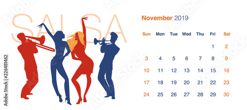 2019 Dance Calendar. November. Silhouettes of two girls dancing salsa to the rhythm of a trumpeter and a trombonist, isolated on white background photo