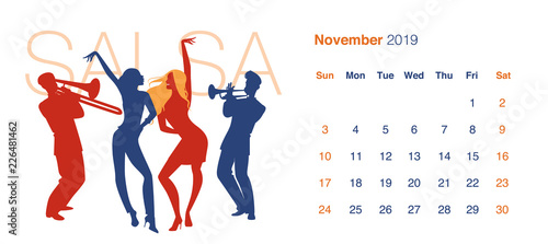 2019 Dance Calendar. November. Silhouettes of two girls dancing salsa to the rhythm of a trumpeter and a trombonist, isolated on white background