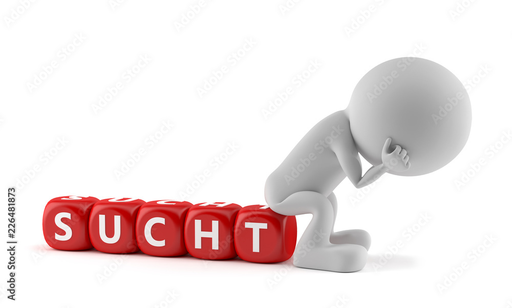 Sucht - Weißes Männchen sitzt auf Würfel Sucht - Weißes Männchen sitzt auf Würfel