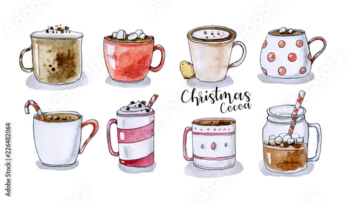 Assorted Christmas mugs collection in hand drawn style
