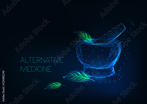 Alternative medicine concept with glowing mortar and green leaves made of stars, lines, points, triangles.