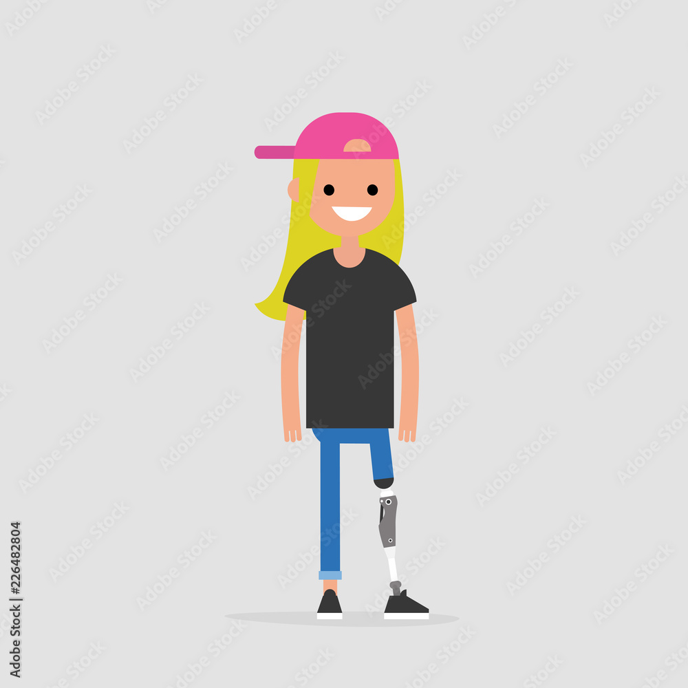 Young female character with prosthetic lower limb. Modern disabled people. Lifestyle. New technologies. Flat editable vector illustration, clip art