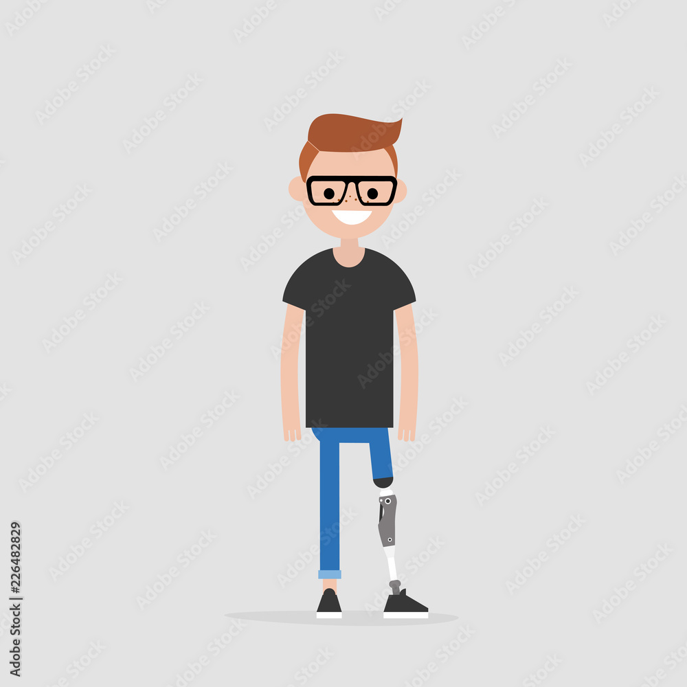 Young male character with prosthetic lower limb. Modern disabled people. Lifestyle. New technologies. Flat editable vector illustration, clip art Young male character with prosthetic lower limb. Modern disabled people. Lifestyle. New technologies. Flat editable vector illustration, clip art
