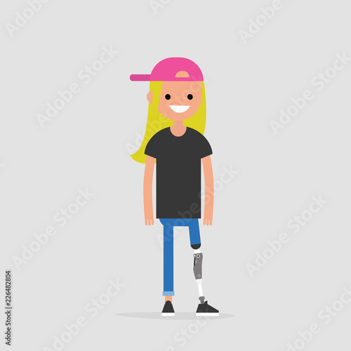 Young female character with prosthetic lower limb. Modern disabled people. Lifestyle. New technologies. Flat editable vector illustration, clip art