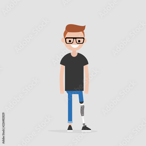 Young male character with prosthetic lower limb. Modern disabled people. Lifestyle. New technologies. Flat editable vector illustration, clip art