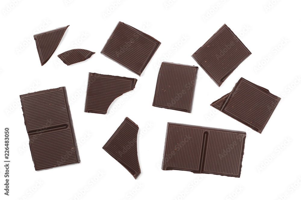 Dark chocolate with cocoa bars, pieces isolated on white background, top view
