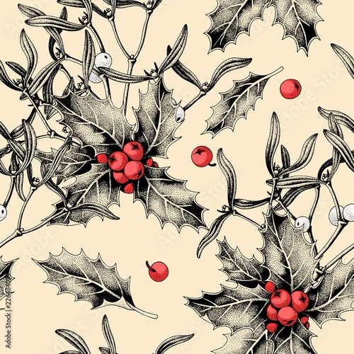 Seamless pattern with holly leaves and mistletoe