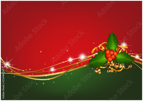 Christmas Background with Christmas Holly and Golden Confetti on Red-green Ba...