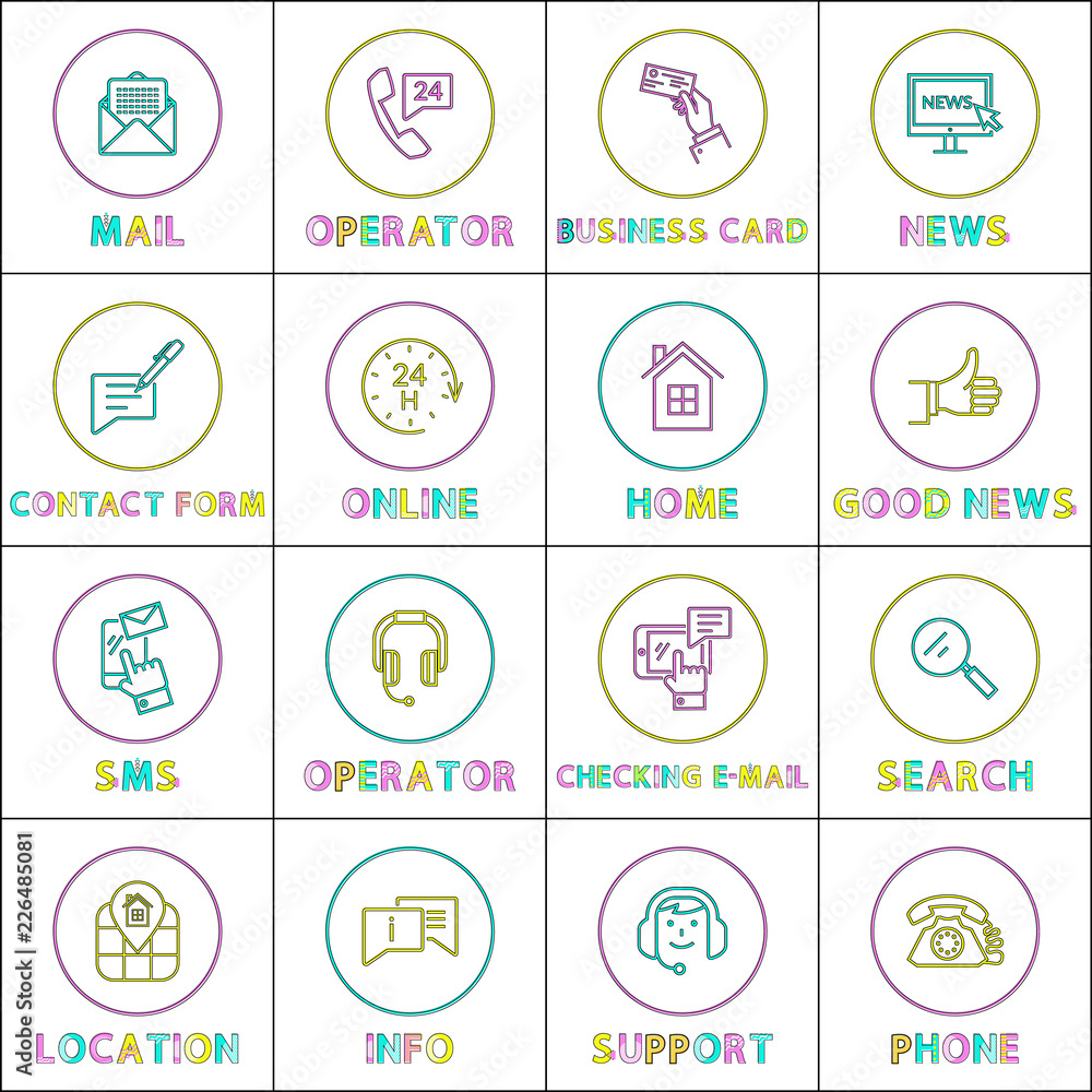 Fototapeta premium Bright Communication and Internet Linear Round Icons Set