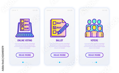 Election and voting thin line icons set: voters, ballot, online voting. Vector illustration for user mobile interface.
