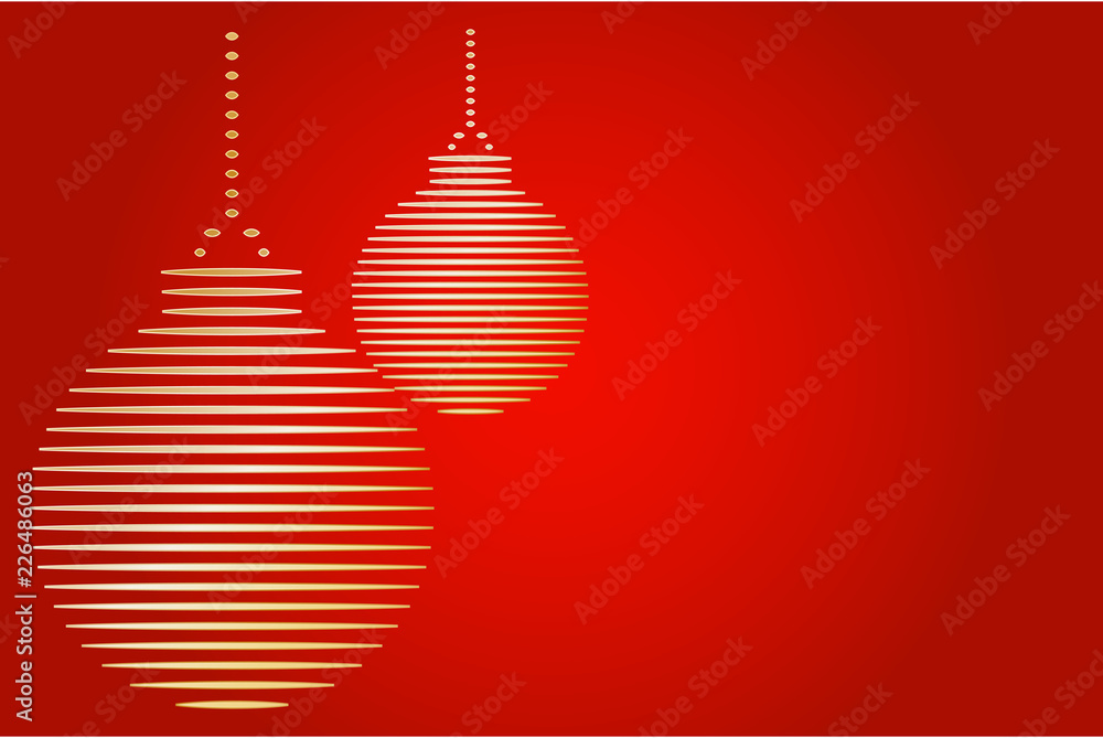 Postal de navidad de fondo rojo y bolas de navidad doradas