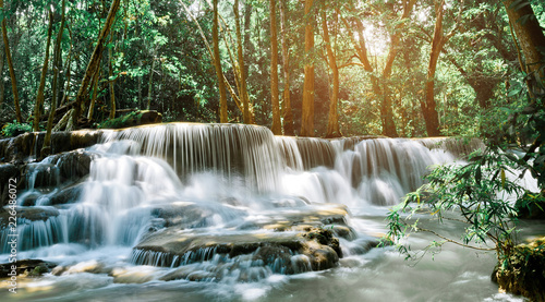 Huai Mae Khamin waterfall at Kanchanaburi   Thailand   beautiful waterfall  forest  waterfall with tree background