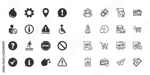 Set of Attention, Information and Caution icons. Question mark, warning and stop signs. Injury, disabled person and tick symbols. Paper plane, report and shopping cart icons. Group of people. Vector