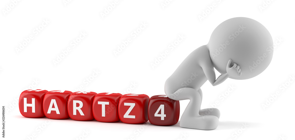 Hartz 4 - Weißes Männchen sitzt auf roten Würfel Hartz 4 - Weißes Männchen sitzt auf roten Würfel
