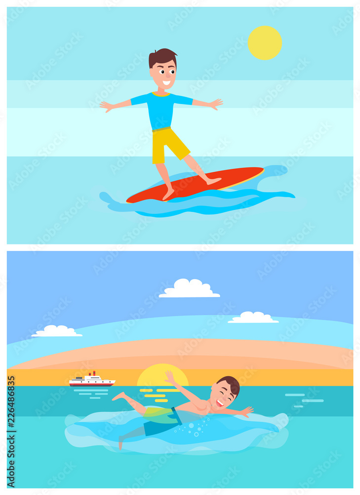 Surfing and Summer Activities Vector Illustration