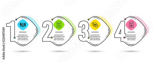 Infographic template 4 options or steps. Set of Statistics, Download file and Laureate award icons. View document sign. Report charts, Load document, Prize. Open file. Vector