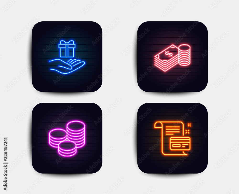 Neon glow lights. Set of Savings, Tips and Loyalty program icons. Payment card sign. Finance currency, Cash coins, Gift. Agreement conditions. Neon icons. Glowing light banners. Vector Neon glow lights. Set of Savings, Tips and Loyalty program icons. Payment card sign. Finance currency, Cash coins, Gift. Agreement conditions. Neon icons. Glowing light banners. Vector