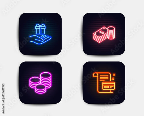 Neon glow lights. Set of Savings, Tips and Loyalty program icons. Payment card sign. Finance currency, Cash coins, Gift. Agreement conditions.  Neon icons. Glowing light banners. Vector