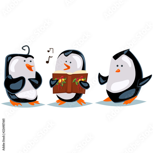 Caroling illustration with cartoon penguins. Vector Christmas illustration with cute animals isolated on a white background.