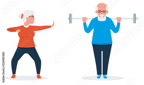 Senior couple exercise together. Vector illustration in cartoon flat style. Isolated on white background.