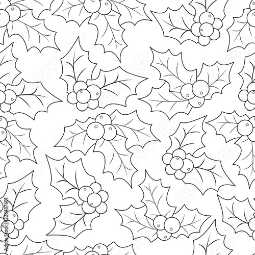 Coloring book page for adults and children. Christmas Holly Berry seamless pattern. Vector illustration.