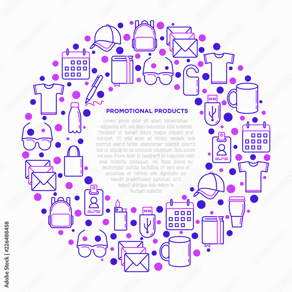 Obraz premium Promotional products concept in circle with thin line icons: notebook, tote bag, sunglasses, t-shirt, water bottle, pen, backpack, cup, hat, travel mug. Vector illustration, print media template.
