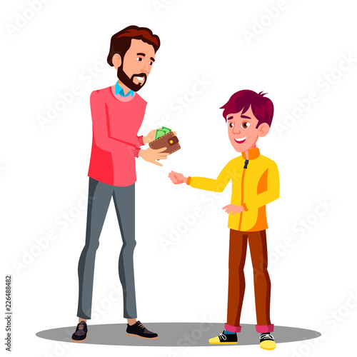 Father Gives Money From His Purse To His Son Vector. Isolated Illustration
